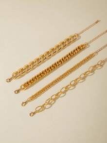 4pcs/Set Minimalist Punk Metal Chunky Chain Bracelet Set, Suitable For Dating, Party, Daily Wear - Yellow Gold - View 5