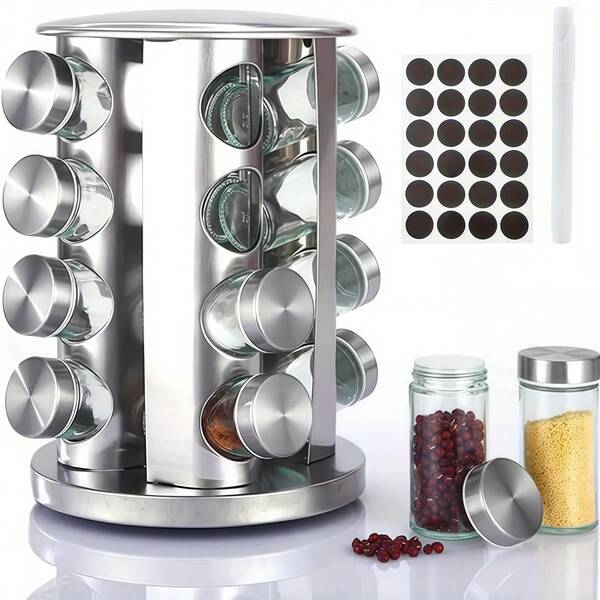 12/16-Jar Stainless Steel Rotating Spice Rack With Non-Slip Base - Kitchen Countertop Organizer For Easy Access And Storage Of Spice (Sliver)