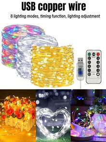 USB Copper Wire Light String -8 Modes, USB Power Supply With Remote Control, String Light Decoration, Suitable For Weddings, Christmas, Bedrooms, Birthdays, Home Decoration -50/100/200/300 LED (Warm White/White/Color)
