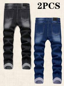 Two-Pack Men's Ripped Jeans Stretch Ripped Jeans For Men Comfort Flex Slim Fit Jeans Designer Fashion Pants For Men,Street Style - Black+Blue - View 3