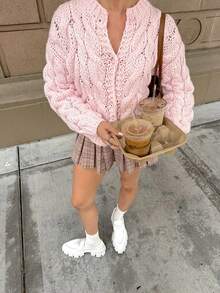 Áo khoác cardigan dệt kim dày dặn dành cho nữ, dáng ngắn, màu trơn, tay dài, dáng rộng, phù hợp mặc hàng ngày, màu hồng mùa thu. - Hồng - Xem 8