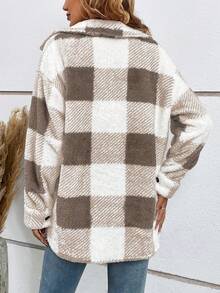 Damska jesienna kurtka w kratę z odkrytymi ramionami i kieszeniami z klapami, z motywem misia, bluzka z długim rękawem, odzież jesienno-zimowa - Kolor khaki - Zobacz 2