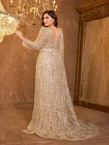 Đầm dạ hội dài tay cổ tim đính đá và sequin UNITHORSE, thích hợp cho các dịp trang trọng, đám cưới, trang phục nữ mùa thu xuân. - Rượu sâm banh - Xem 2