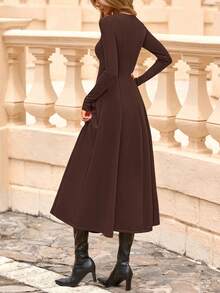 Cocktail Dresses For Women  Elegant Classy Fall Long Sleeve Midi Swing A Line Flowy Modest Party Dress - 棕色 - 查看 2