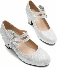 Enelauge Women's Mary Jane Heels With Bow Retro Closed Round Toe Pumps Sweet Ankle Strap Low Block Heels Chic Bowtie Vintage Dress Wedding Party Office Daily ShoesChristmas - 銀色閃光 - 查看 4