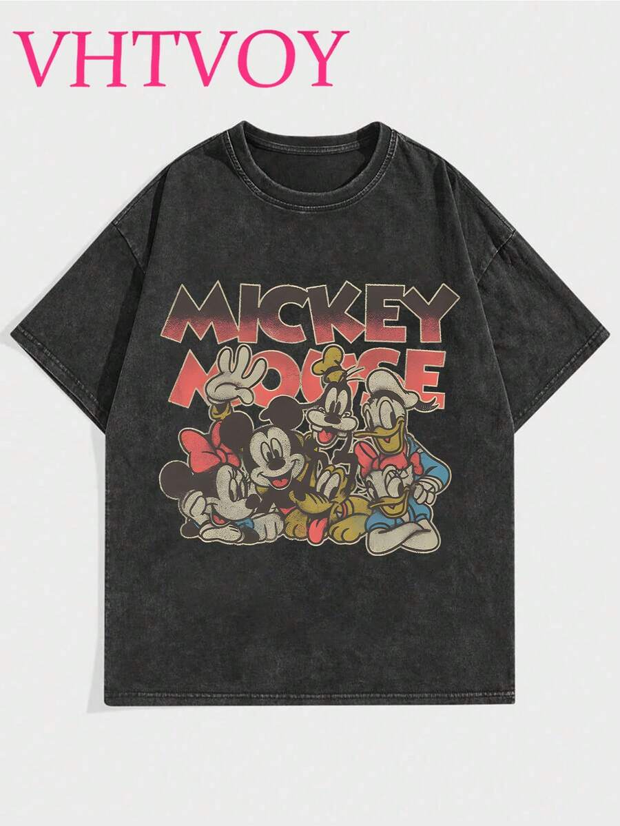 And Other Classic Character Print Street Style 100% Pure Cotton Vintage Crew Neck Pullover, Comfortable Crew Neck T-Shirt, Suitable For Travel And Vacation, Unisex. - màu đen - Xem 1