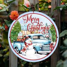 Vintage Blue Truck Snowman Wreath Sign - Multipurpose Metal Wall Decor, Suitable For Home, Kitchen, Garage, Dining Room - Christmas Decoration - Multicolor - View 9