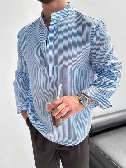 Men's Henley Shirt | Linen Texture Shirt, Stand Collar Design, Lightweight Breathable Long Sleeve Vacation Top, Loose Fit, Suitable For Vacation, Party, Office Wear, Unique Casual Men's Gift, Blue Men's Shirt, Essential For Autumn