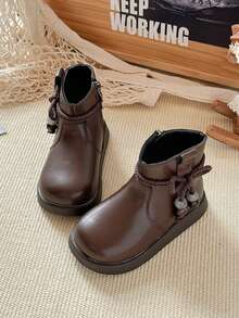 女童靴，新款秋冬时尚蝴蝶结优雅百搭软皮轻便儿童踝靴，幼儿/小童/大童软底防滑皮靴 - 棕色 - 查看 5