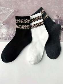 9 Pairs Women Leopard Print & Heart Pattern Mid-Calf Socks, Fashionable Minimalist Unique Retro Street Style Design, Suitable For Casual Outfits - Multicolor - View 9