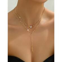 1pc Gold Y-Shaped Design Layered Necklace, Details Decorated With Rhinestones & Faux Pearl, Suitable For Daily Wear By Women, Friendship Gifts, Banquet Parties - Hoa hồng vàng - Xem 1