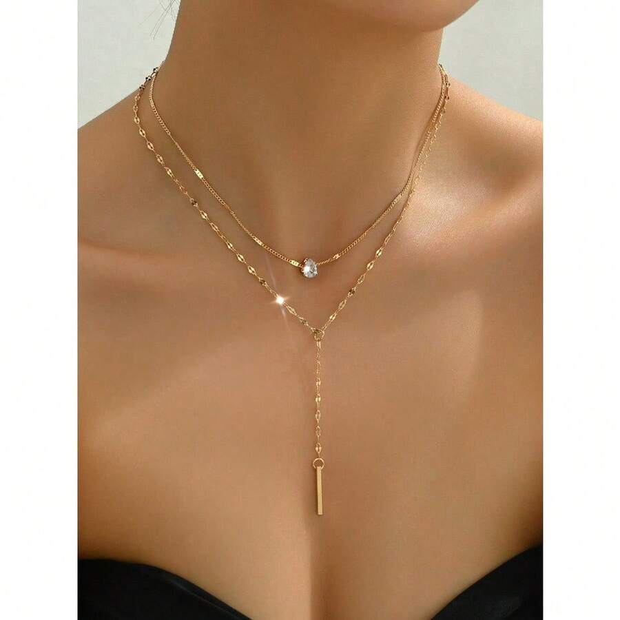 1pc Gold Y-Shaped Design Layered Necklace, Details Decorated With Rhinestones & Faux Pearl, Suitable For Daily Wear By Women, Friendship Gifts, Banquet Parties - Hoa hồng vàng - Xem 1