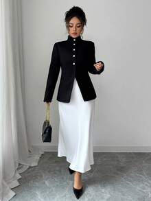 Palton elegant pentru femei, cu guler înalt, culoare solidă, cu buzunar și nasturi în față, stil business casual - Negru - Vizualizare 3
