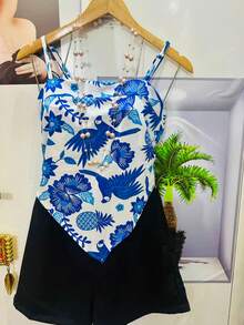 Belala Moda Conjunto novo colete da pra amarra atras e com estampa , short sem ziper sem bolso - Azul - Visão 2
