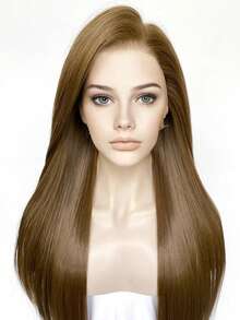 websterwigs 13x4 长直 26 英寸棕色蕾丝前假发，蕾丝前合成假发，带预拔发际线，耐热纤维发丝，丝滑直发假发，适合女性、角色扮演、派对、日常使用 - 彩色 - 查看 5