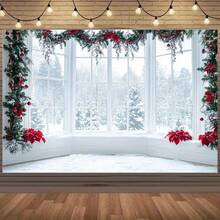 1 pièce Toile de fond de Noël Wonderland d'hiver - Fenêtres enneigées avec poinsettia rouge, décoration de fête intérieure et extérieure, bannières pour studios photo d'anniversaire et de mariage, décoration de fête, design de paysage enneigé, matériel, convient pour les célébrations de Noël. Taille, toile de fond de fête multifonctionnelle pour Noël d'hiver, décoration intérieure et extérieure, studio de photographie, décoration de jardin, décoration de fête et cabines téléphoniques. - Multicolore - Voir 2