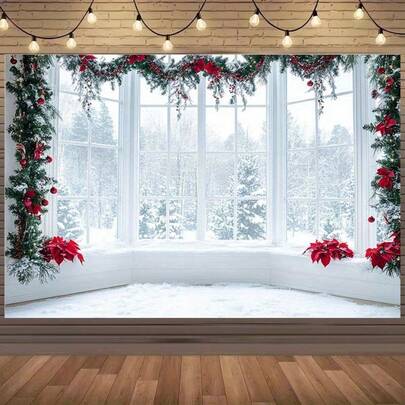 1 pezzo Sfondo natalizio invernale - Finestre innevate con poinsettia rossa, decorazione per feste interne ed esterne, striscioni per studi fotografici di compleanni e matrimoni, decorazione natalizia, design paesaggio nevoso, materiale, adatto per celebrazioni natalizie. Dimensione, telo di sfondo multifunzionale per il Natale invernale, decorazione interna ed esterna, studio fotografico, decorazione da giardino, decorazione per feste e cabine telefoniche.