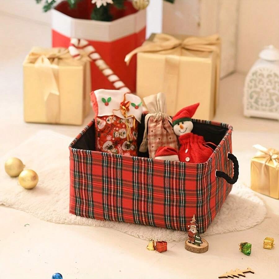Red Plaid Foldable Storage Basket With Handles - Square Fabric Organizer For Toys, Closets & Home (European & American Style)