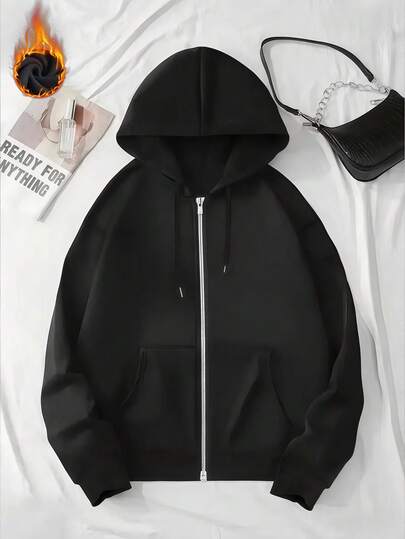 Effen gebreide damessweater met capuchon, warme fleecevoering voor herfst en winter, katoenen top, jas met zakken, rits, trekkoord, zachte en ademende lange mouwensweater, dames streetwear sportkleding, terug naar school, terug naar school pullover-stijl, oversized hoodie, sweatshirt, veste femme, ropa invierno de mujer