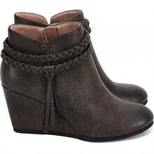Womens Wedge Ankle Boots Braided Fringe Strap Western Heeled Fall Booties Dress Shoes - 1-xám - Xem 2