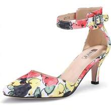 Women's IN3 D'Orsay Pumps Low Kitten Heels For Women Dress Shoes Pointed Closed Toe Wedding Bride Ankle Strap Dressy Silver Black Nude White Gold Heels For Women-2025 - 花黃色 - 查看 1