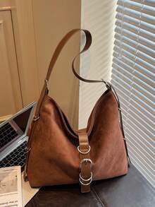 Sac à épaule pour femme, sac fourre-tout avec boucle, grand sac , couleur café, convient pour le shopping et les déplacements - Marron - Voir 1