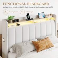 SHA CERLIN Full/Queen/King Size Platform Bed Frame With Vertical Channel Tufted Wingback Headboard, 2 Storage Drawers, 2-Tier Shelves With LED Lights, Charging Station, Noise Free, No Box Spring Needed, White - Xem 5