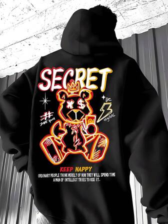 Men's Autumn Winter Black Hooded Sweatshirt With Drawstring And Pocket, "Secret Bear Keep Happy" Graphic Print - AutumnTrends - Polyester Soft Casual Hooded Sweatshirt, Fall Wear SkateOutfitIdeas, ElegantCasual, Streetwear Essential, Fun - Themed Daily Pullover