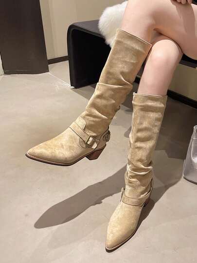女士新款高跟米色西部靴，百褶靴适合街头派对，高筒靴，秋冬新款纯色优雅牛仔靴，适合派对、办公室、户外