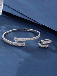 两件套首饰：开口手镯和戒指，方形立方氧化锆设计，简约中性风格，适合女性日常及节日佩戴。 - 003512 - 查看 3