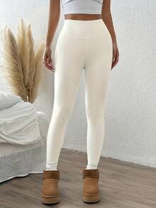 1pc Women's High Waist Warm Pants, Thermal Lined Thickened Casual Trousers, Autumn/Winter - White - View 2