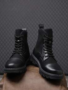 Mens Casual Combat Ankle Boots Lace Up Round Toe Fabric Panels Leather Look Trim Side Buckle Detail Chunky Lug Sole For Outdoor Walking And Streetwear - Black - View 3