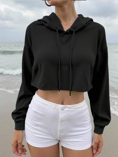 Women's Spring/Summer Sports Sweatshirt, Short Design Printed, Multiple Colors Available; Women's Short Thick Drawstring Hooded Gray Sweatshirt Suitable For Outdoor Sports, Running, Gym Activities