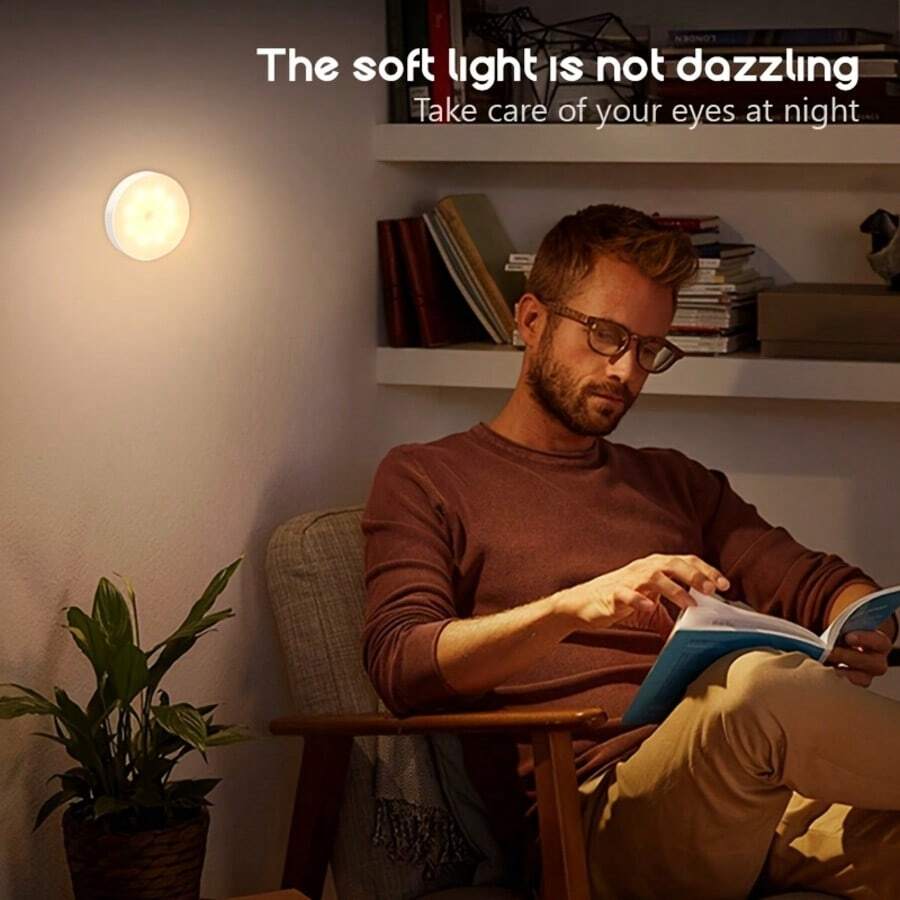 USB Rechargeable LED Motion Sensor Night Light | Bedroom Bedside/Bathroom/Hallway/Stairway Lamp | Auto On/Off Lighting | Low Voltage Design | Minimalist Round Small Nightlight