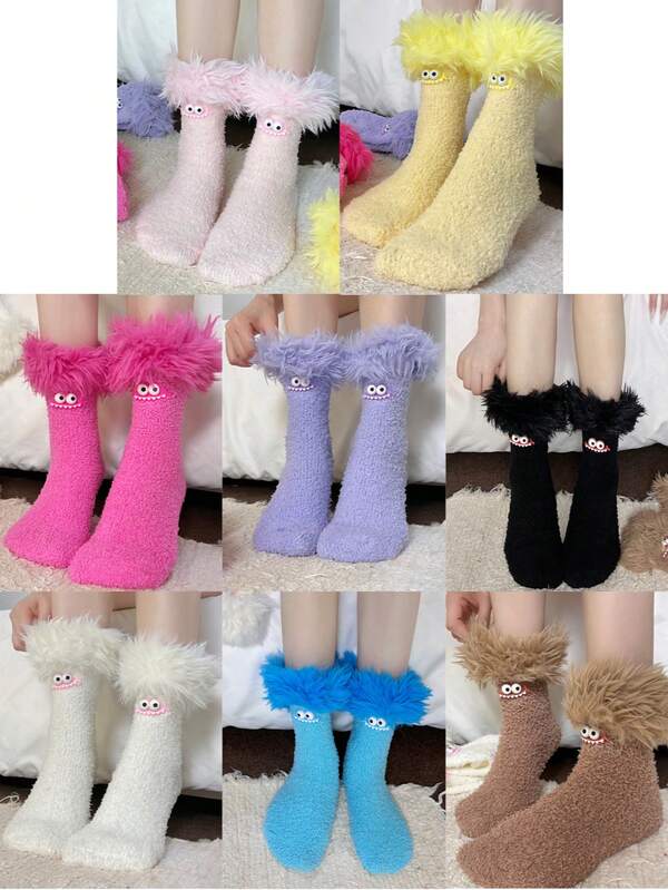 1 Pair Women's Autumn/Winter Christmas & Halloween Funny Colorful Plush Socks, Coral Fleece Warm Thick Cartoon House Socks