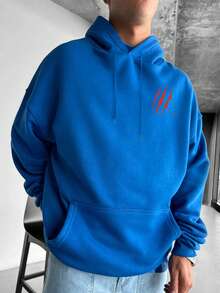 GRDR 男士秋冬标语和抓痕印花休闲宽松连帽卫衣 - 藍色 - 查看 5