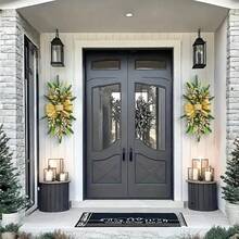 1 pièce Couronne d'escalier de Noël de 60*30 cm avec nœud et boules, couronne d'hiver artificielle, convient pour la porte d'entrée, la rambarde, le mur, la décoration de fenêtre - décoration de fête avec des accents dorés et rouges, décoration murale pour la maison