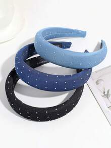 3/1pc Fashion Denim Rhinestone Fabric Headband, Minimalist Wide-Brim Headwear Suitable For Daily Commute And Work