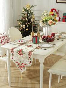 1pc Christmas Mesh Fabric Chain Embroidered Table Runner, Candle Decor For Kitchen, Dining Table, Desk, Coffee Table, Vanity, Home Decor, Christmas Atmosphere For Living Room, Bedroom, Yard, Indoor Outdoor, Outdoor Furniture, Camping, Villa, Merry Christmas, Holiday, Party, Cabinet, Family Gathering, Holiday Decorations, Party & Wedding Decorations Series