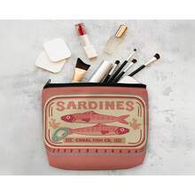 复古沙丁鱼图案男女通用化妆包，可折叠大容量拉链袋，方便的旅行必备品，多功能零钱包，铅笔盒，适合送给孩子、朋友、同学、老师、情人节、圣诞节、感恩节、母亲节、儿童节、返校节、毕业典礼的绝佳礼物 - 珊瑚粉 - 查看 4