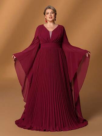 Faeriesty Mosy Elegant V-ringad Extra Långärmad A-linjeformad Maxiklänning För Plus Size Madrasser, Perfekt För Bröllop, Galor, Formella Middagar, Prisutdelningar Och Banketter