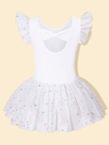 Bộ đồ liền thân múa ba lê cho bé gái có chân váy tutu lưới, váy liền thân múa ba lê thể dục dụng cụ tay ngắn cho trẻ em - trắng - Xem 2