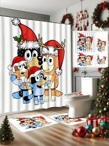 [Christmas Bluey Shower Curtain Window Curtain Set] 1/3/4pcs Christmas Solid Color Santa Hat Bluey Family And Friends Holiday Pattern Printed Shower Curtain Set, Modern Design, Suitable For All Seasons, Waterproof Polyester Hooks And Lining, Flannel Material, Soft Surface, Absorbent Anti-Slip Bathroom Mat, Bathroom Set Includes U-Shaped Mat, Toilet Mat, Anti-Slip Bathroom Mat And Bathroom Accessories, Home Decor, Holiday Decor, Christmas Gift, Daily Decor, Gift Giving