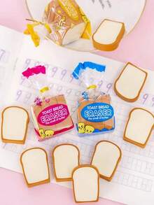 1 Pack Of 4 Pcs Creative Cute Toast Shaped Erasers, Random Design, Student Stationery, Christmas/End-Of-Term Gift Back To School - Yellow - View 2
