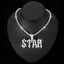 1pc Alloy Rhinestone Letter Star Pendant Necklace With Cuban Chain, Unique Unisex Jewelry For Everyday Wear