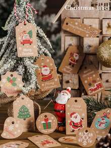 100pcs Christmas Decoration Hang Tags Santa Claus Gift Box Decor Small Cards Bouquet Hang Tags With Strings For Christmas Packaging, DIY Christmas Gifts