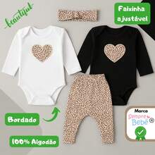 Sempre Bebê Baby Girl Clothes Set Kit, Female Bodysuit, Long Sleeve, Blogger Pants, Outfit, Leopard Heart Set - Black - View 3