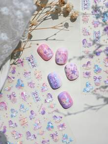 紫色独角兽洛丽塔美甲贴纸 5D蝴蝶结魔法玫瑰旋转星翼可爱卡通旋转木马快乐美甲贴花梦幻5D奇幻自粘美甲贴纸女孩美甲用品 - 彩色 - 查看 6