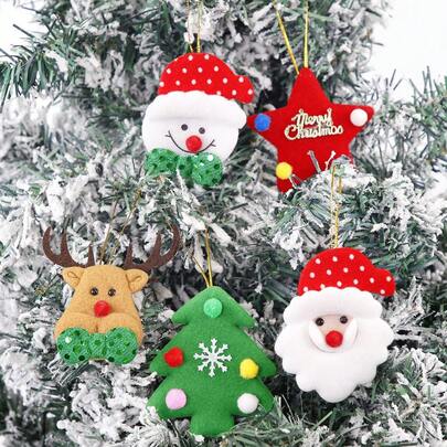 5 Stücke Weihnachts-Rentier, Schneemann, Weihnachtsbaum Dekoanhänger, Cartoon Plüsch Weihnachtsmann, Fünfzackiger Stern kleine Hängedekoration