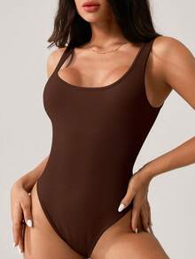 NcmRyu Women's Solid Color Seamless Ribbed Romper - Sleeveless Yoga & Workout Jumpsuit, Comfortable Breathable Slim-Fit Activewear For Exercise & Casual Wear - 咖啡棕 - 查看 3